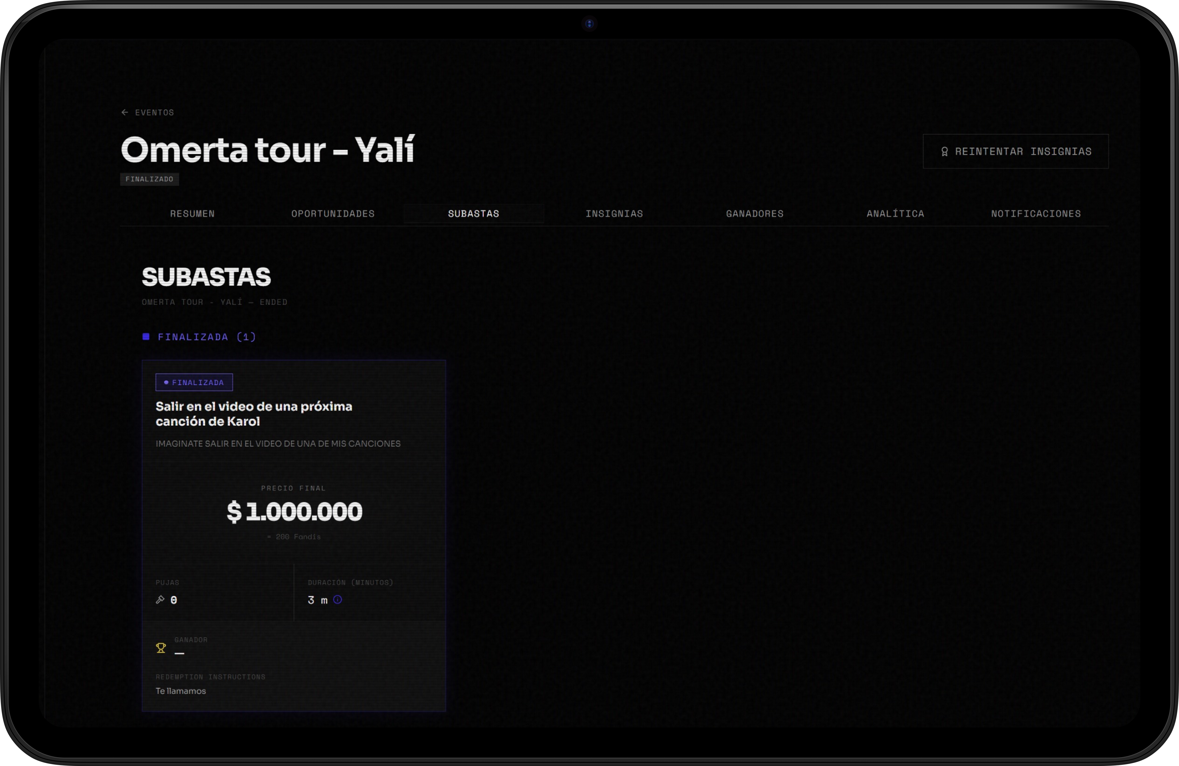 Fandi dashboard — subastas
